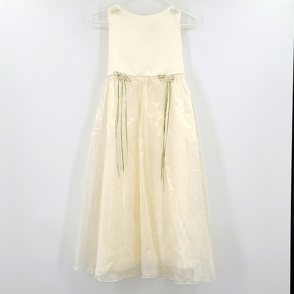 Kids Dream 11/12 Cream off white Sage ribbons sleeveless cute Flower girl dress